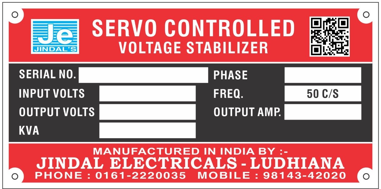 Jindal Electricals - Servo Controlled Voltage Stabilizer Nameplate
